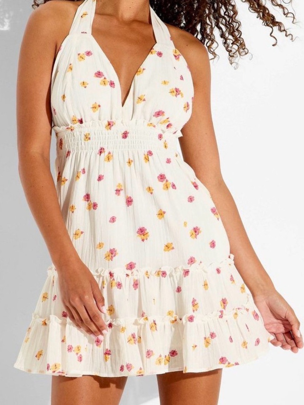 wild fable Cream Halter Mini Dress with Pink & Yellow Floral Print